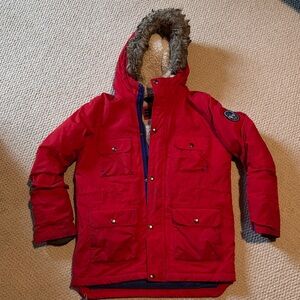 Red Kids Parka with Faux Fur Hood—sz large (14-16)